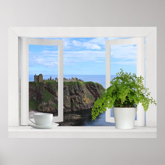 Castle in Scotland -- Open Window View of Coast Poster (Front)