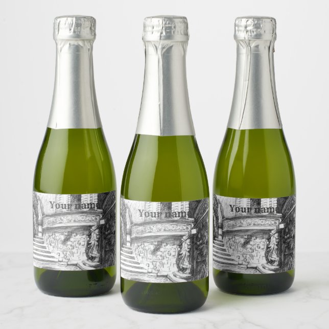 Castle pencilart  Monochrome Black & White Sparkling Wine Label (Bottles)