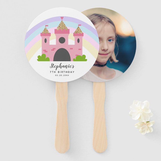 Castle Princess Birthday Party Girl Photo Hand Fan (Front and Back)