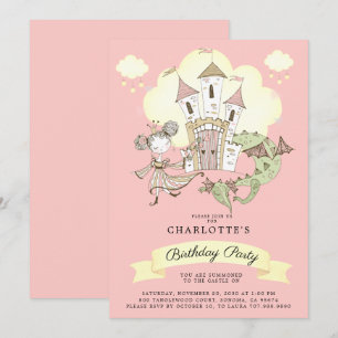 Castle Princess Dragon Girl's Pink Birthday   Invitation