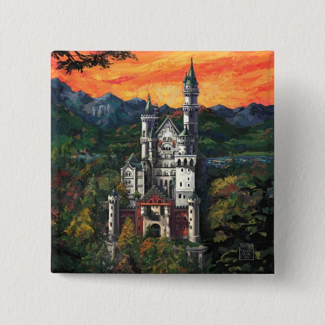 Castle Schloss Neuschwanstein 2 Inch Square Button (Front)