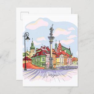 Castle Square in Warsaw Poland Illustration Travel Postcard