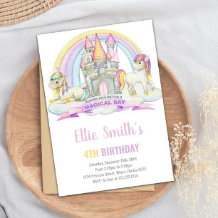 Castle Under Rainbow Unicorn Birthday Invitation