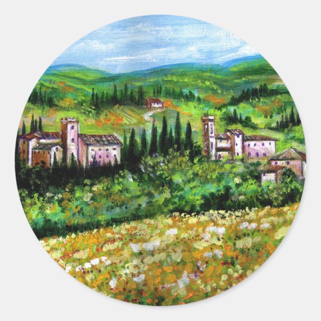 CASTLES IN CHIANTI LANDSCAPE ,YELLOW FLOWER FIELDS CLASSIC ROUND STICKER (Front)