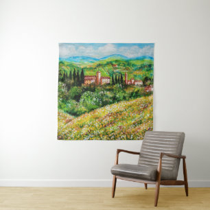 CASTLES IN CHIANTI LANDSCAPE ,YELLOW FLOWER FIELDS TAPESTRY