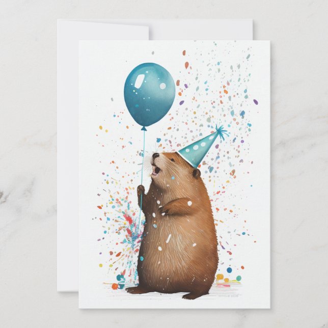Castor avec Ballons Bleus Carte de voeux Plat (Devant)