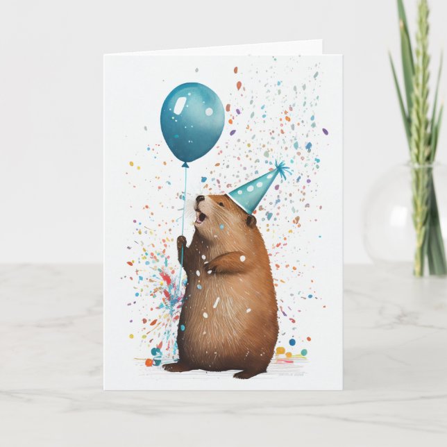 Castor avec Balloon Bleu Carte de voeux pliée (Devant)