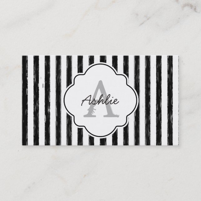 Casual Black Painted Stripes Monogram and Name Business Card (Front)