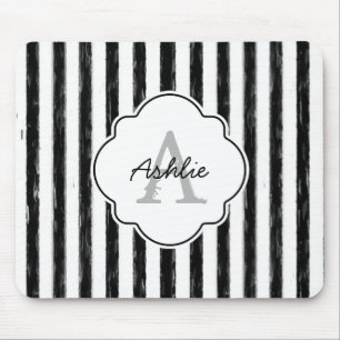 Casual Black Painted Stripes Monogram and Name Mouse Pad