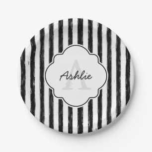 Casual Black Painted Stripes Monogram and Name Paper Plate