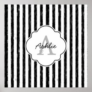 Casual Black Painted Stripes Monogram and Name Poster