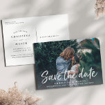 Casual Brush | Photo Save the Date Announcement Postcard<br><div class="desc">A modern save the date postcard designed to accommodate your favourite horizontal or landscape oriented full-bleed engagement photo. "Save the date" appears near the bottom of your photo in a fresh, casual handwritten brush marker typography style. Personalize with your names, wedding date and wedding location beneath. Postcards reverse to show...</div>