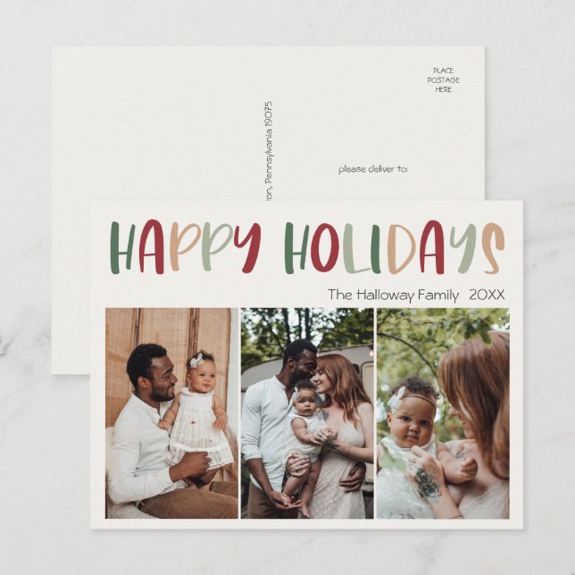 Casual Colourful Happy Holidays Three Photo Holiday Postcard (Front/Back)