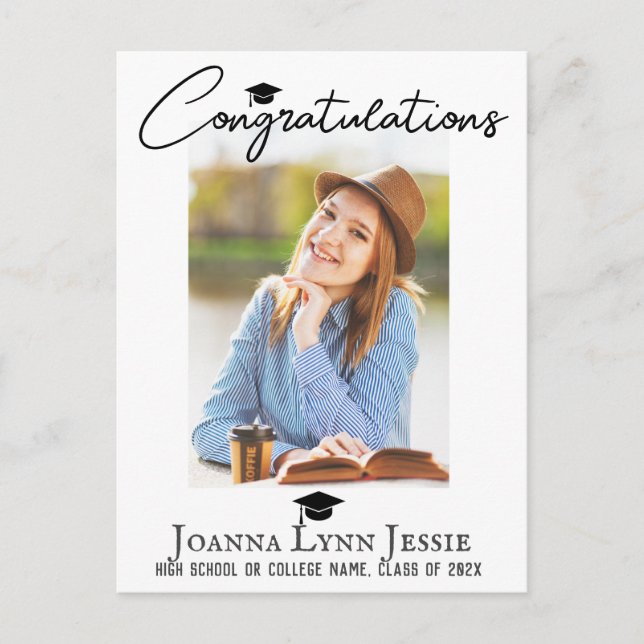 casual Congratulations script Graduate Photo Postcard (Front)