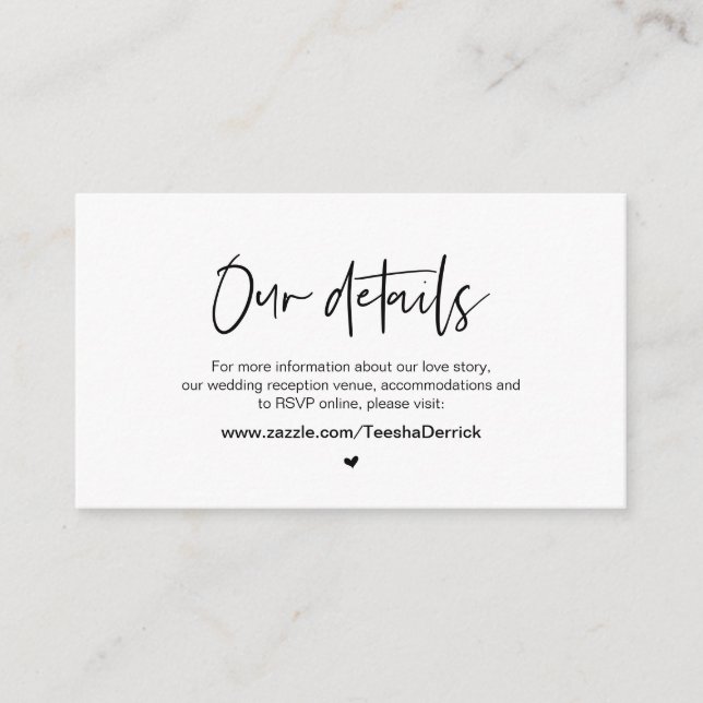 Casual elegance, Black font,  Our Wedding Details Enclosure Card (Front)