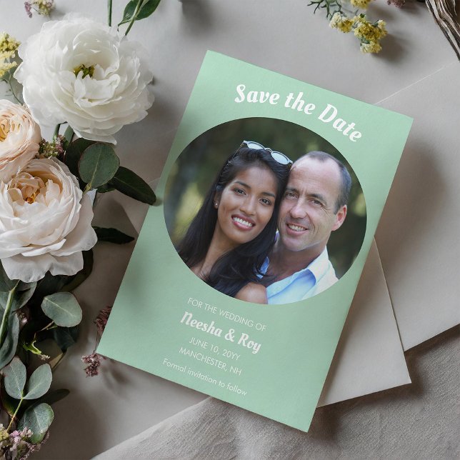 Casual Elegant Green Oval Photo Save the Date Invitation (Creator Uploaded)