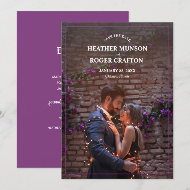 Casual Engagement Photo Purple Save The Date (Front/Back)