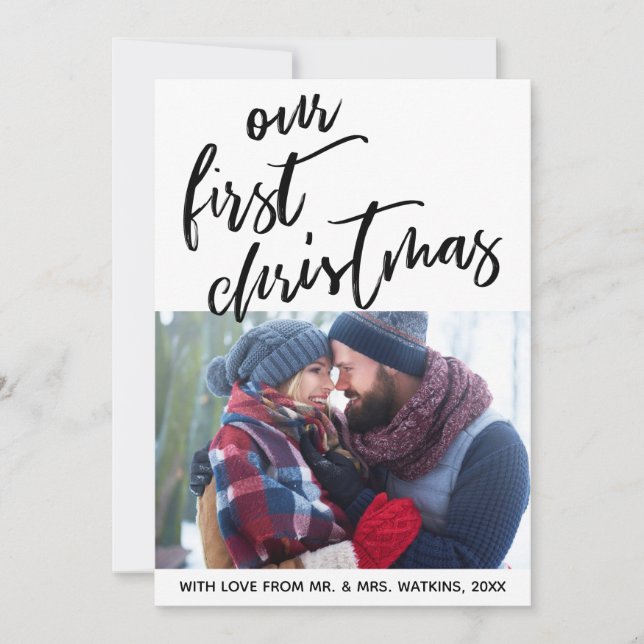 Casual Handwriting Our First Christmas, Photo Holiday Card (Front)