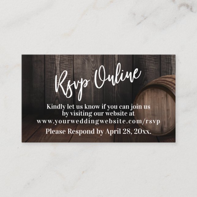 Casual Handwriting Rsvp Online Over Wooden Barrel Enclosure Card (Front)