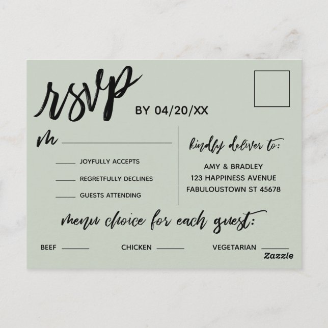 Casual Handwriting Sage Green Menu Choice RSVP Postcard (Back)