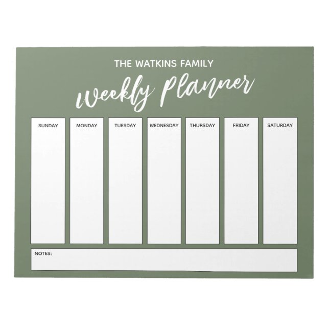 Casual Handwriting Simple Weekly Planner, Olive Notepad (Front)