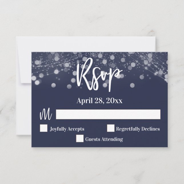 Casual Handwriting Typography Lights Navy Blue RSVP Card (Front)