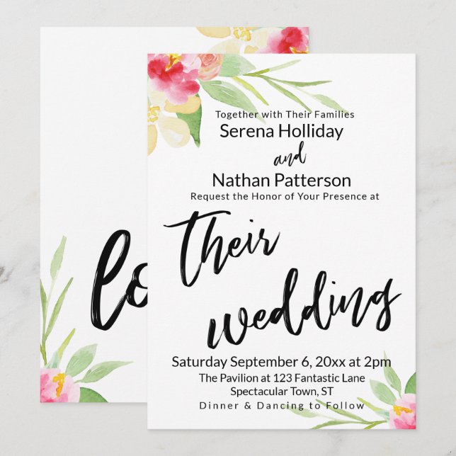 Casual Handwriting Watercolor Flowers Wedding Invitation (Front/Back)