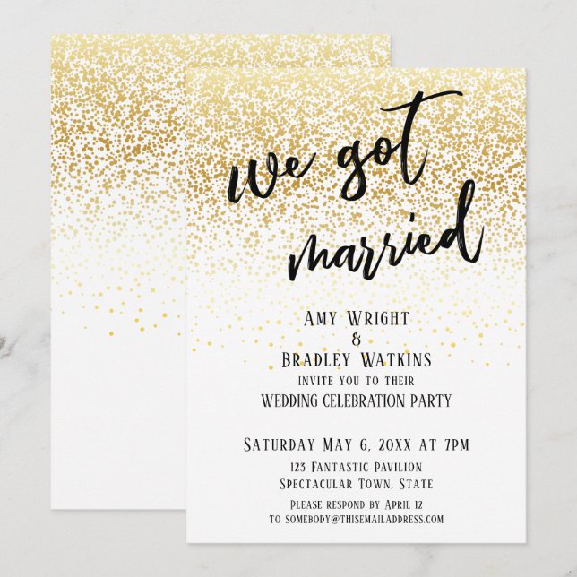 Casual Handwriting We Got Married Gold Confetti Invitation (Front/Back)