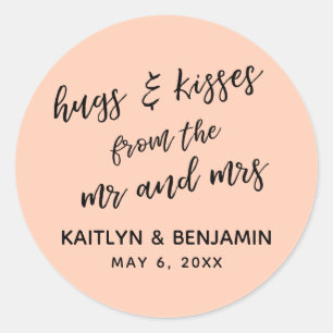 Casual Hugs & Kisses from the Mr and Mrs, Salmon Classic Round Sticker