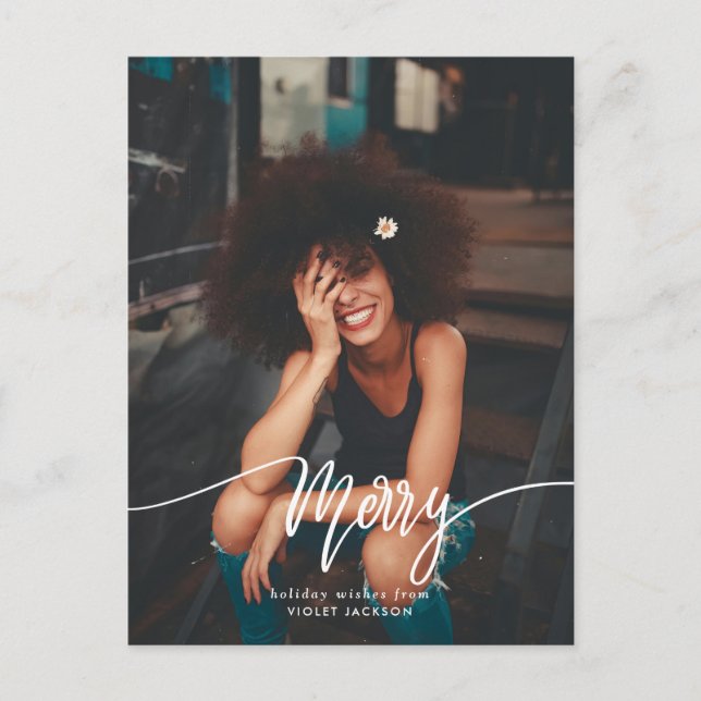 Casual Merry Script Photo Holiday Modern Postcard (Front)