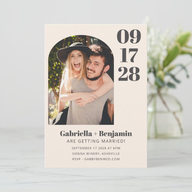Casual Minimalist Arch Photo Ivory Cream Wedding Invitation (Standing Front)