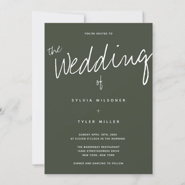 Casual Modern Dark Sage Typography Wedding Invitation (Front)