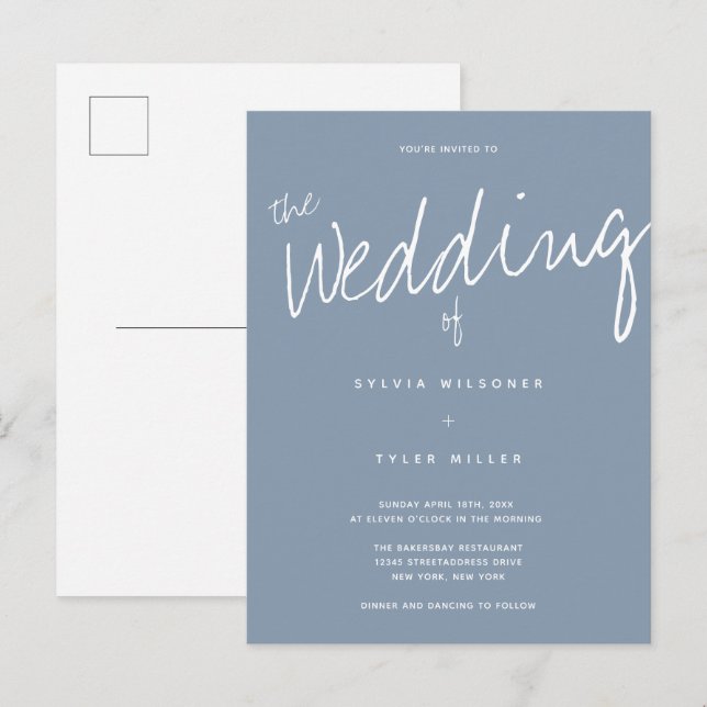 Casual Modern Dusty Blue Typography Wedding Invitation Postcard (Front/Back)