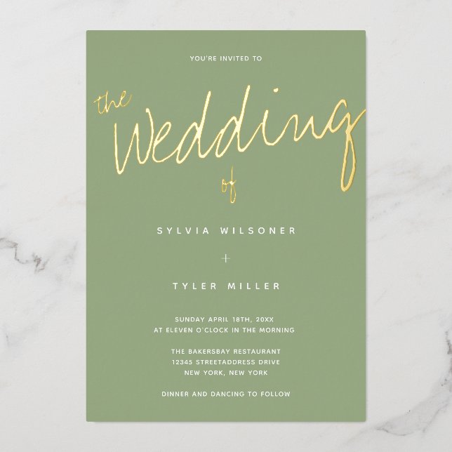 Casual Modern Gold Sage Typography Wedding (Front)
