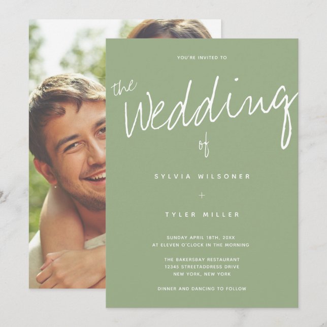Casual Modern Sage Typography Photo Wedding Invitation (Front/Back)