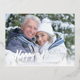 Casual Modern Script Happy Holidays Winter Photo Foil Holiday Postcard