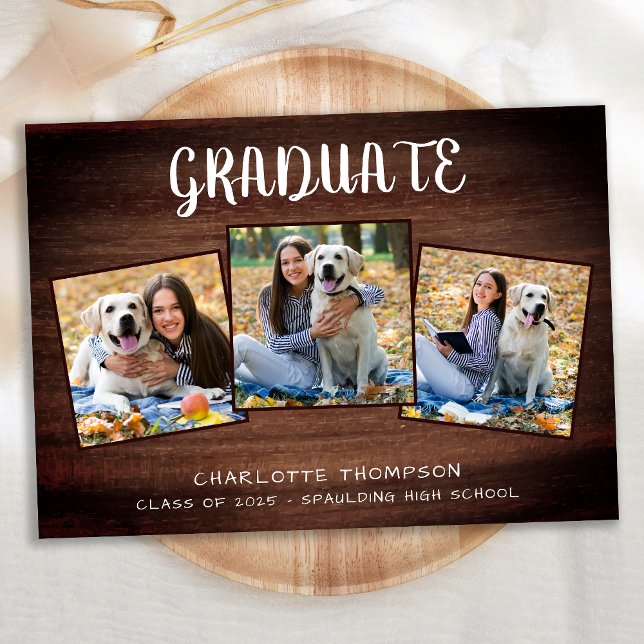 Casual Photo Collage Rustic Wood Graduation Announcement (Creator Uploaded)