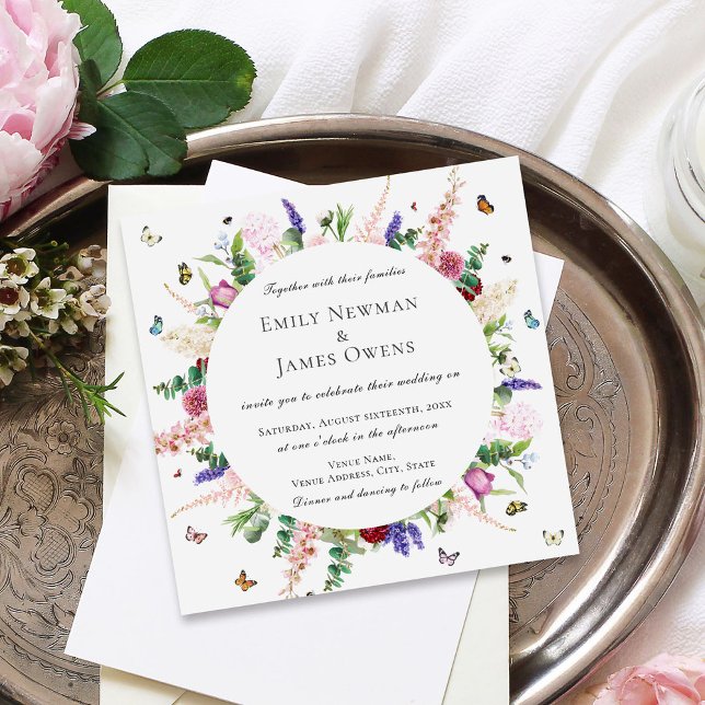 Casual Pink Purple Flowers & Butterflies Wedding Invitation (Creator Uploaded)