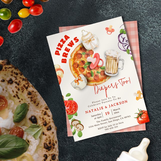Casual Pizza Brews & Diapers Too Baby Shower Invitation (Casual Pizza Brews & Diapers Too Baby Shower Invitation)