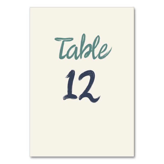 Casual Retro Quirky Handwriting Green Blue Wedding Table Number (Front)