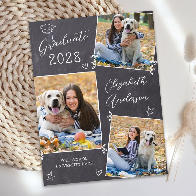 Casual Rustic 3 Photo Chalkboard Graduation Invitation Postcard (Creator Uploaded)