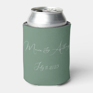 Casual Sage Green Simple Script Minimalist Wedding Can Cooler