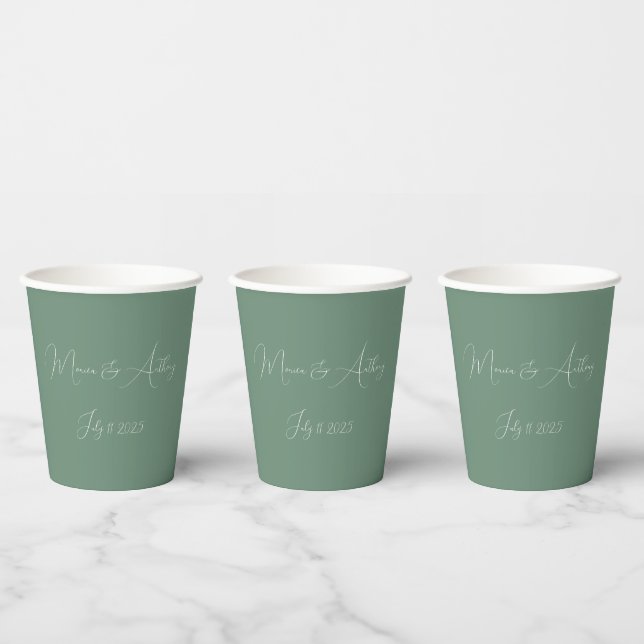 Casual Sage Green Simple Script Minimalist Wedding Paper Cups (Multi)