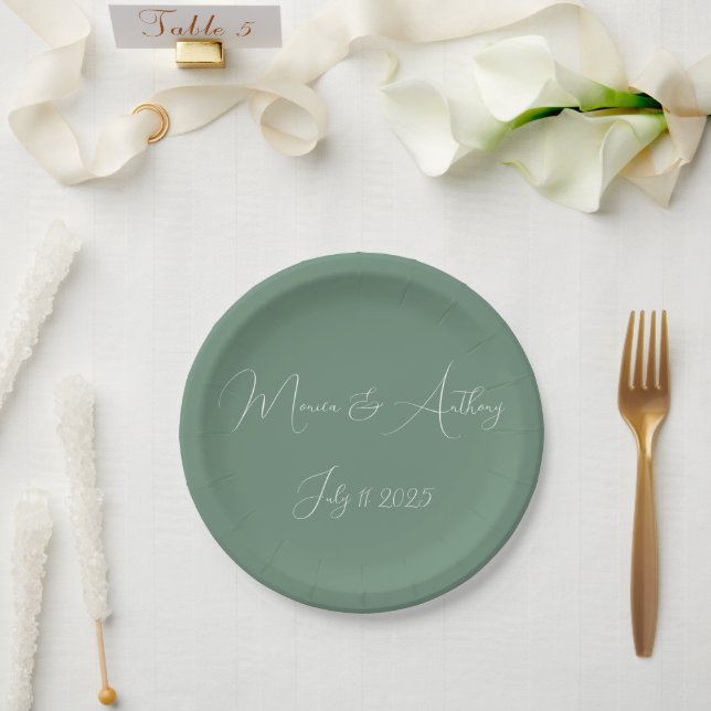 Casual Sage Green Simple Script Minimalist Wedding Paper Plate (Wedding)