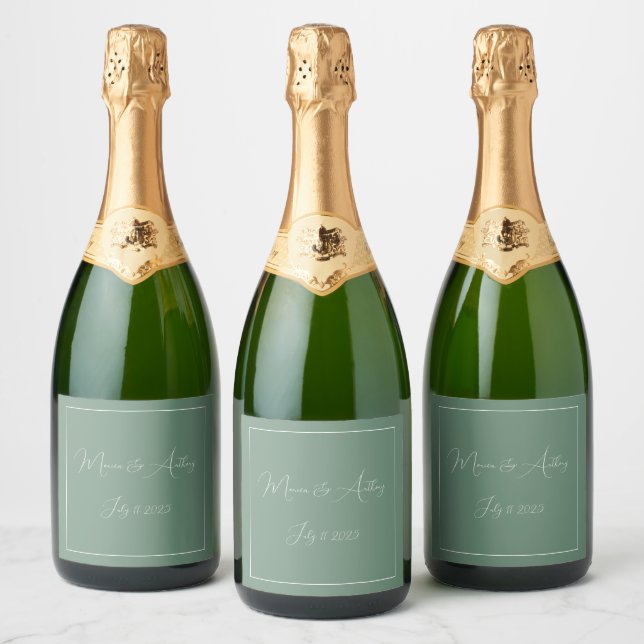 Casual Sage Green Simple Script Minimalist Wedding Sparkling Wine Label (Bottles)
