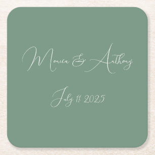 Casual Sage Green Simple Script Minimalist Wedding Square Paper Coaster