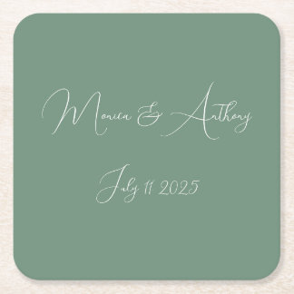 Casual Sage Green Simple Script Minimalist Wedding Square Paper Coaster