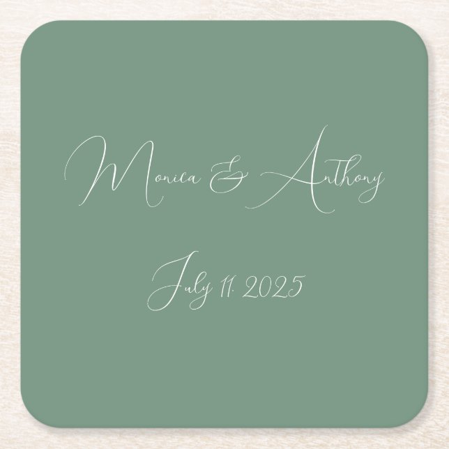 Casual Sage Green Simple Script Minimalist Wedding Square Paper Coaster (Front)