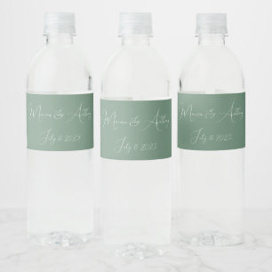 Casual Sage Green Simple Script Minimalist Wedding Water Bottle Label