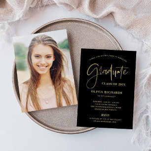 Casual Script Black and Gold Grad Party Invitation